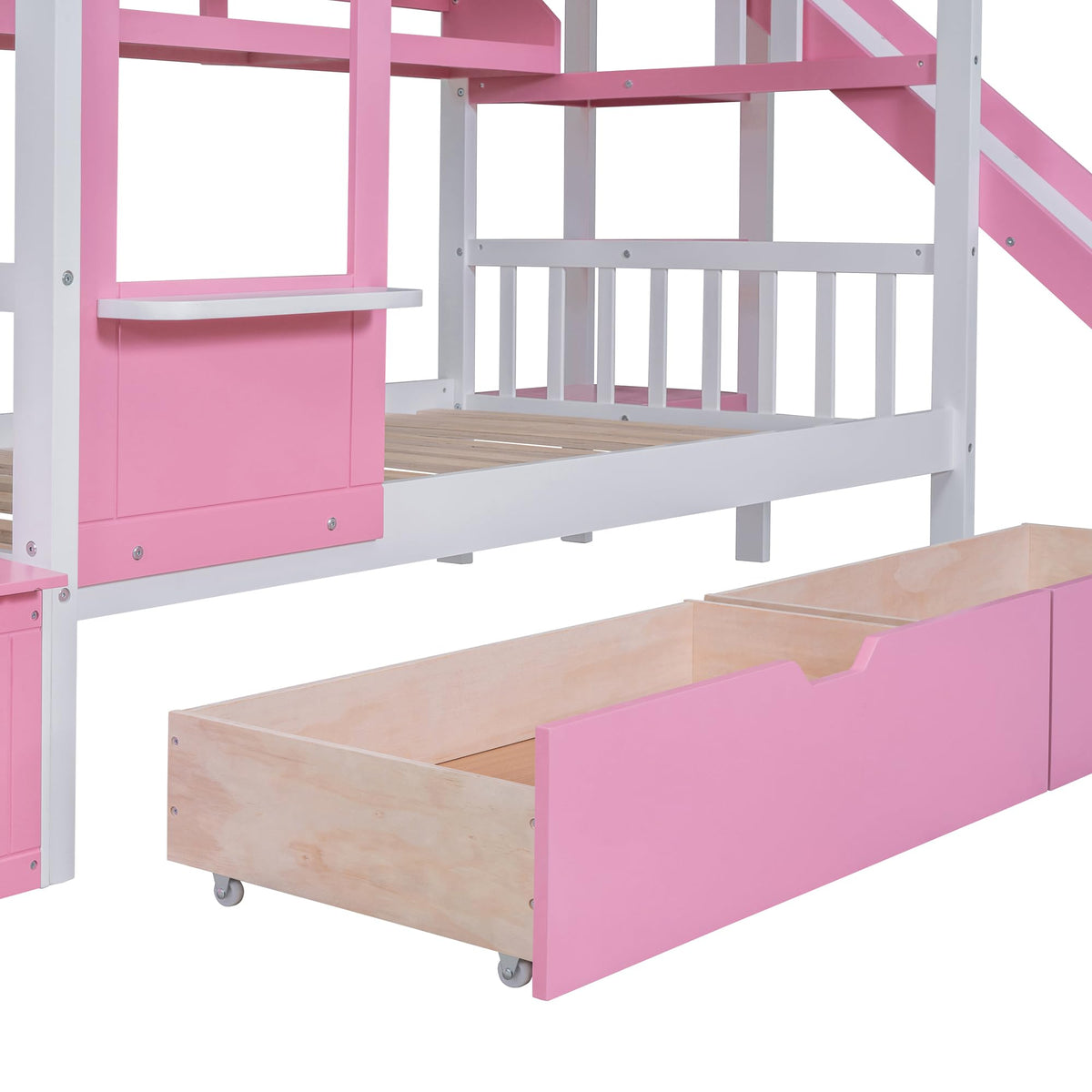 Twin Over Twin Bunk Bed with Slide, 2 Drawers & 3 Shelves S5544