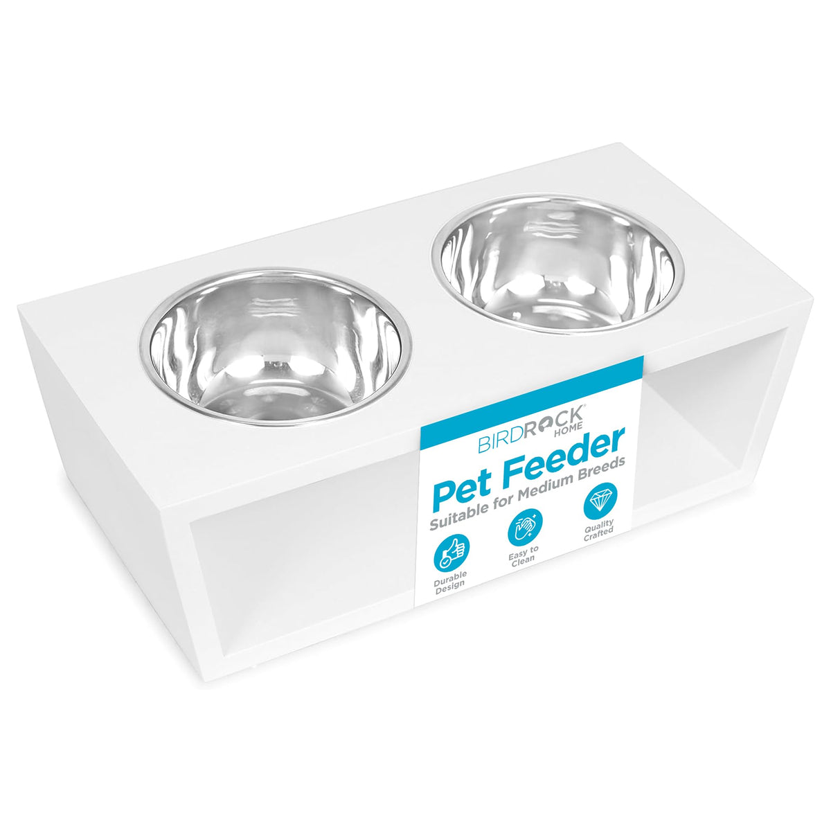 White Double Raised Pet Feeder with Stainless Steel Bowls I568089