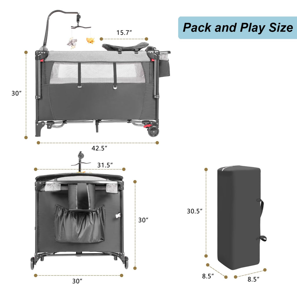 5-in-1 Pack and Play Baby Bassinet Bedside Sleeper Grey T3243
