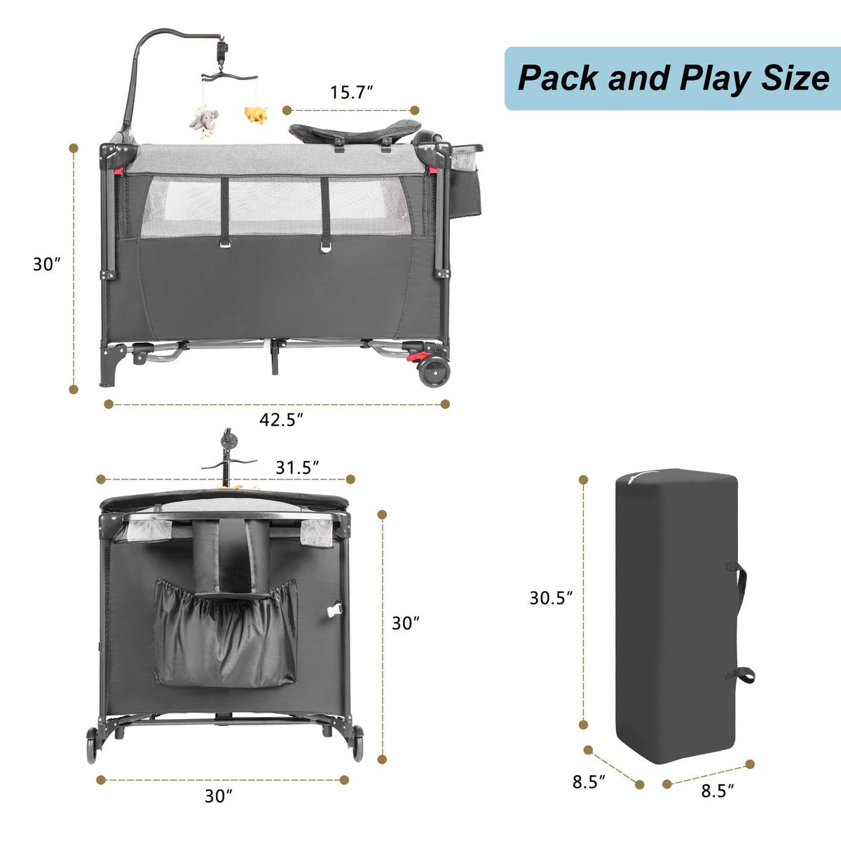 5-in-1 Pack and Play Baby Bassinet Bedside Sleeper Grey T3243