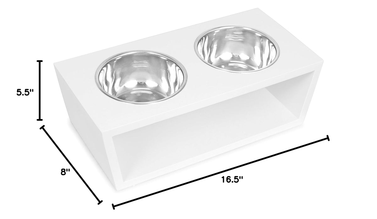 White Double Raised Pet Feeder with Stainless Steel Bowls I568089