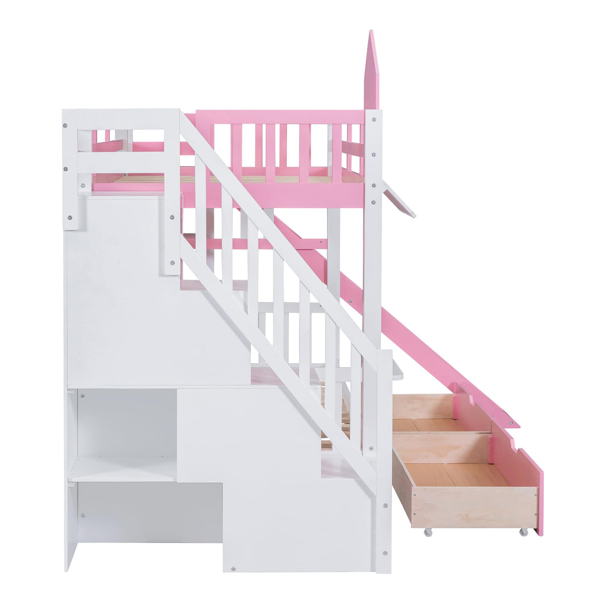 Twin Over Twin Bunk Bed with Slide, 2 Drawers & 3 Shelves S5544