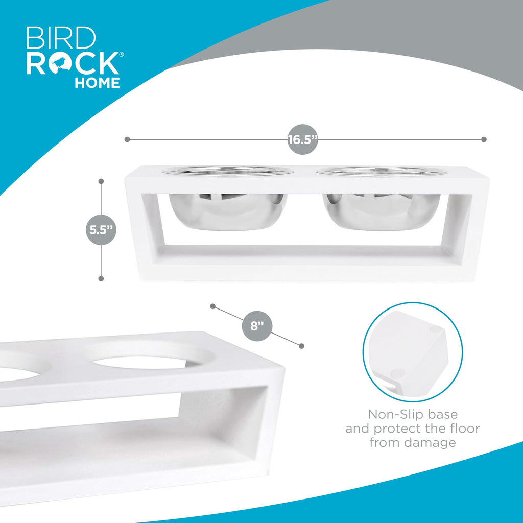 White Double Raised Pet Feeder with Stainless Steel Bowls I568089