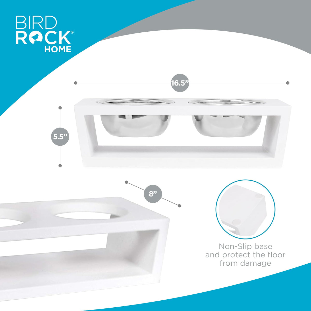 White Double Raised Pet Feeder with Stainless Steel Bowls I568089