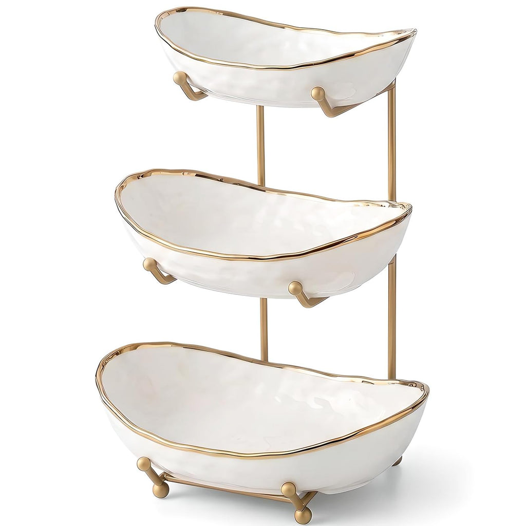 White 3 Tier Ceramic Fruit Bowl with Metal Holder A470580