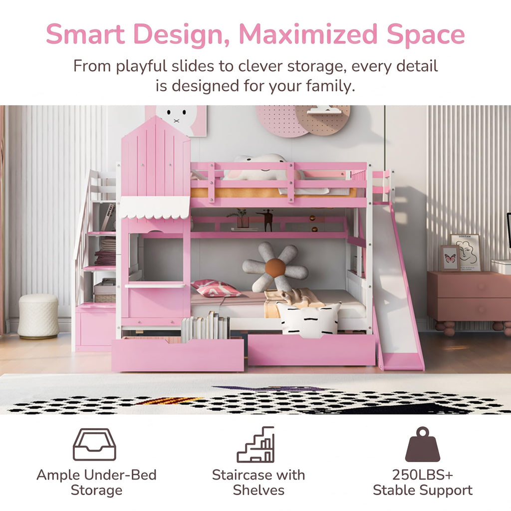 Twin Over Twin Bunk Bed with Slide, 2 Drawers & 3 Shelves S5544
