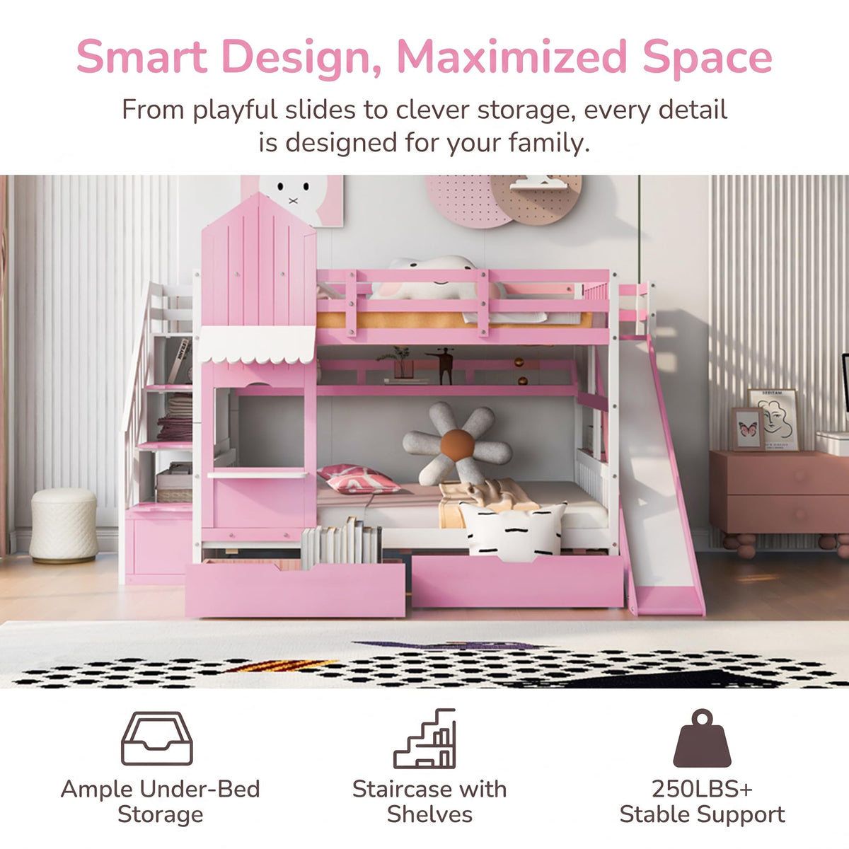 Twin Over Twin Bunk Bed with Slide, 2 Drawers & 3 Shelves S5544