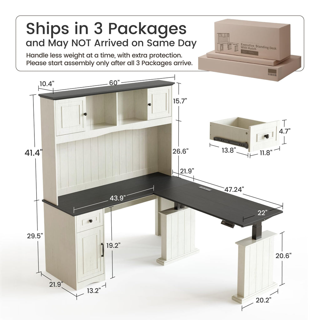 L Shaped Electric Standing Desk with Hutch and Drawers U377