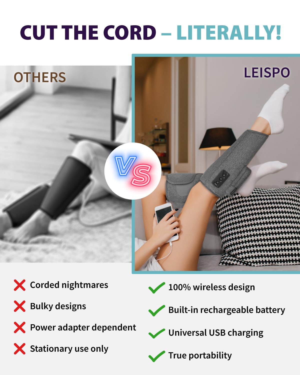 Wireless Air Compression Leg Massager with Heat, 4 Modes, Set of 2 Y1802