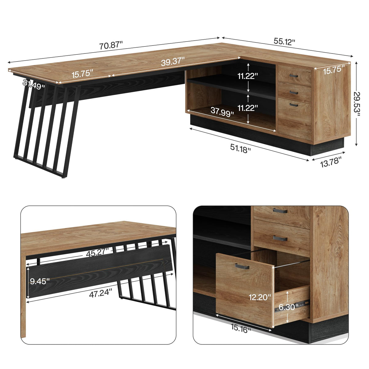 71-Inch L-Shaped Executive Desk with Cabinet Z86443