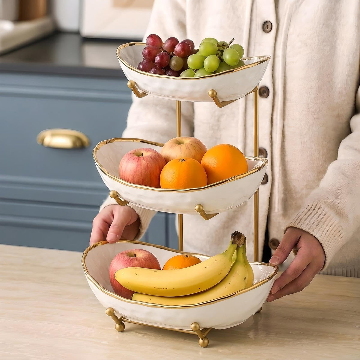 White 3 Tier Ceramic Fruit Bowl with Metal Holder A470580