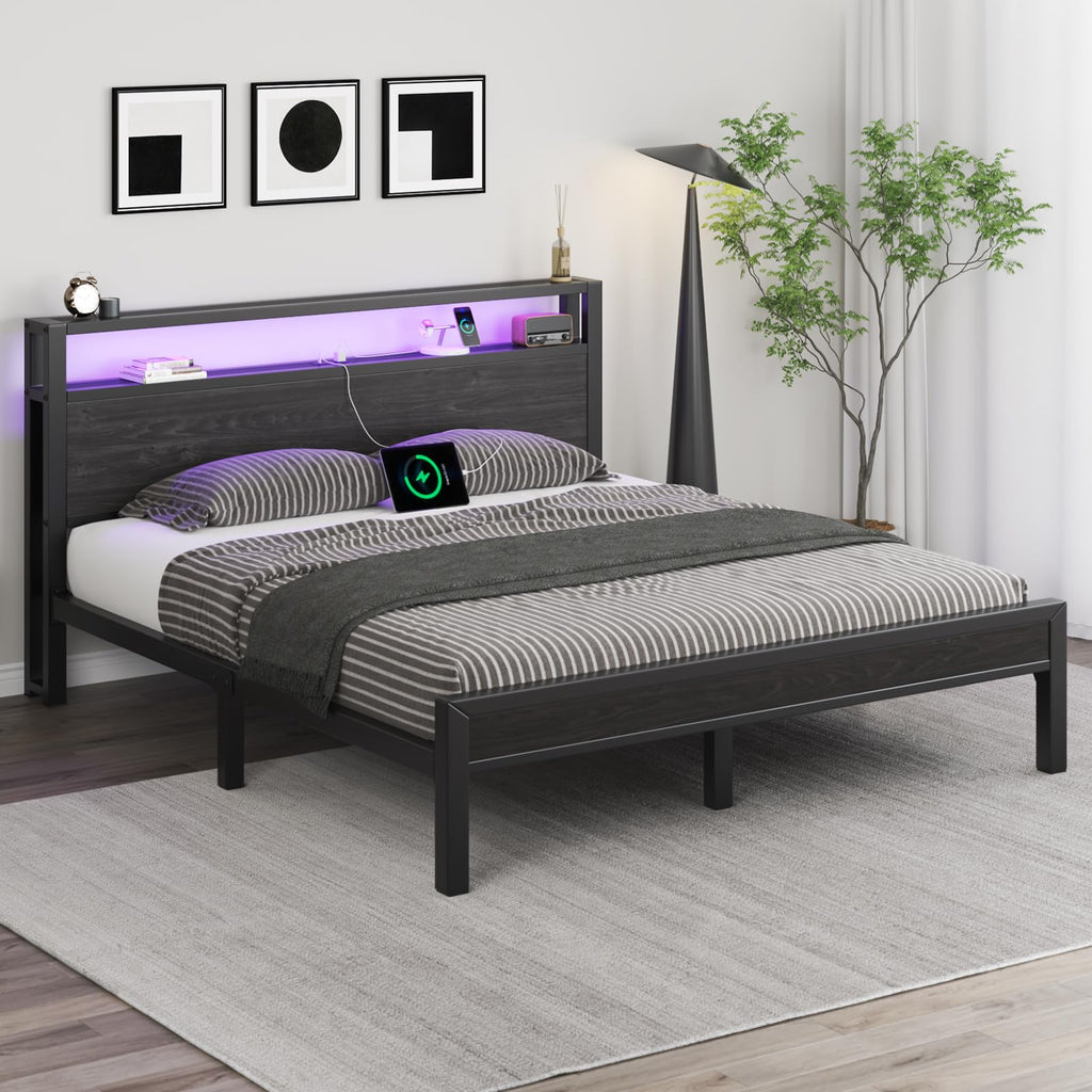 Full Size Bed Frame with Storage Headboard and LED Lights U314