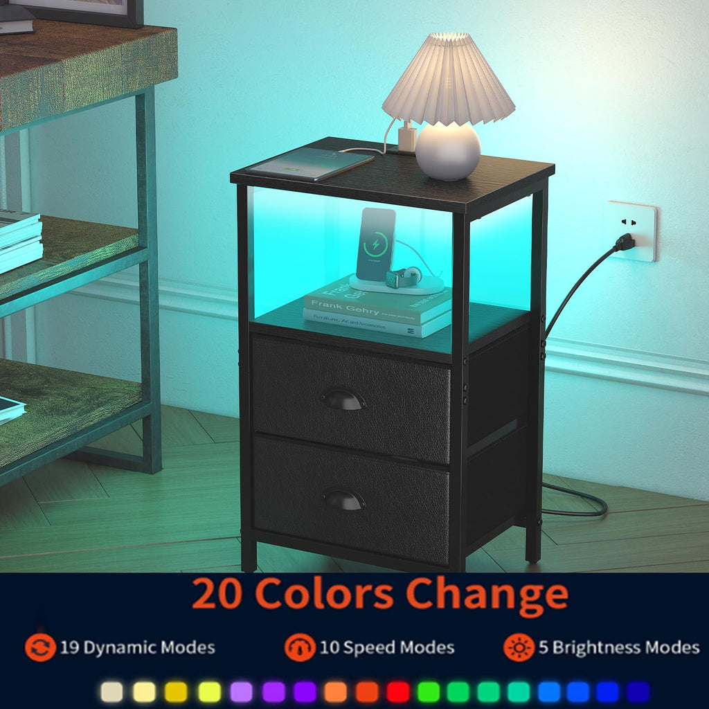 Black Nightstand with Charging Station and 2 Fabric Drawers R396214