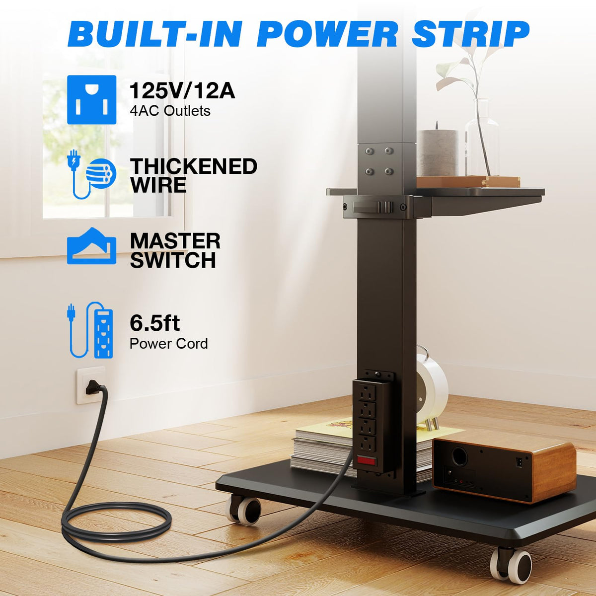 Black Mobile TV Stand 32-75 Inch with Power Outlet and Shelf O9764
