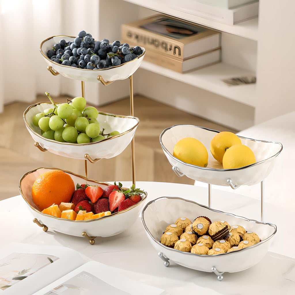 White 3 Tier Ceramic Fruit Bowl with Metal Holder A470580
