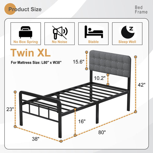 16 Inch Twin XL Upholstered Metal Bed Frame Z713