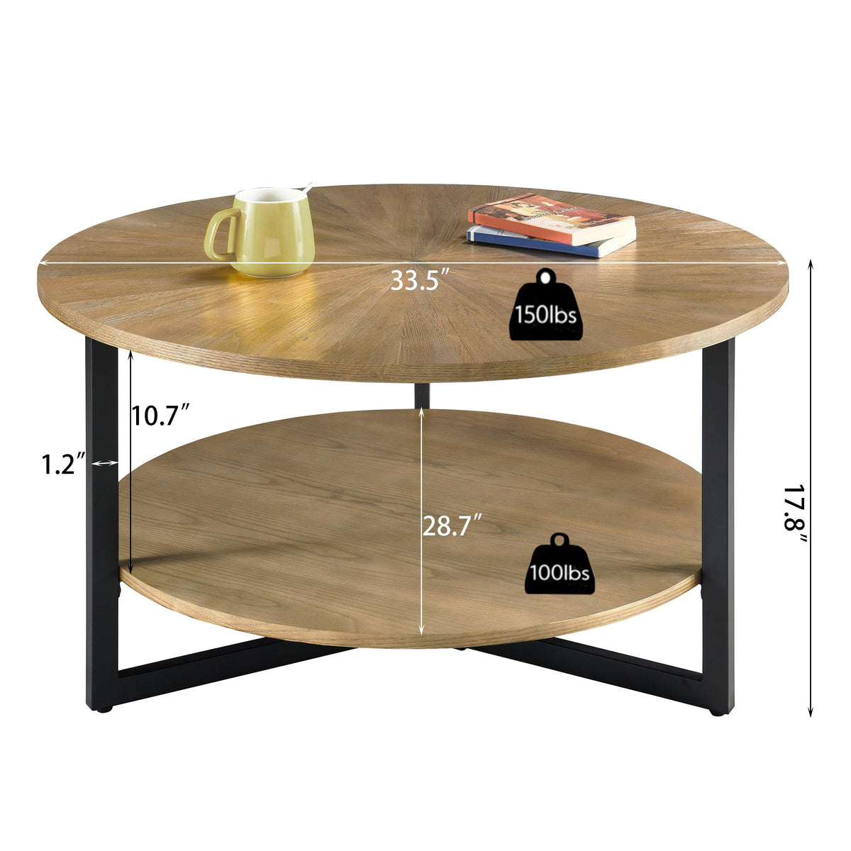 33.5" Round 2-Tier Wood Coffee Table with Storage T836