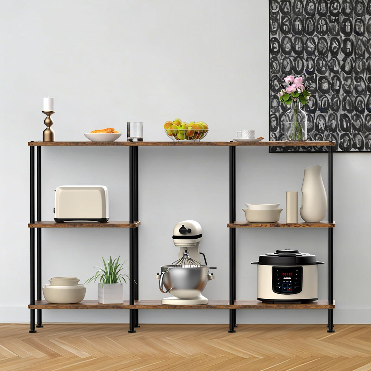 Brown 3 Tier Wood TV Stand with Storage Shelf T7992