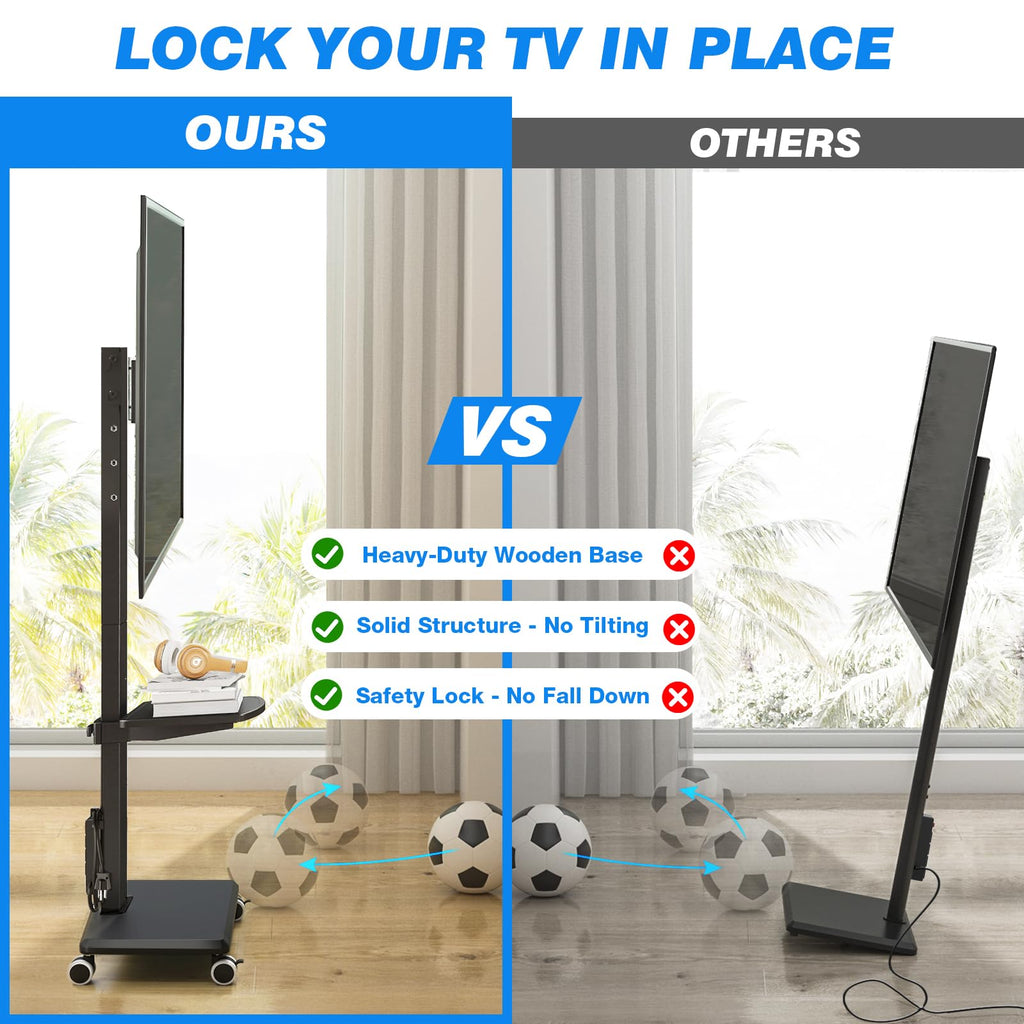 Black Mobile TV Stand 32-75 Inch with Power Outlet and Shelf O9764
