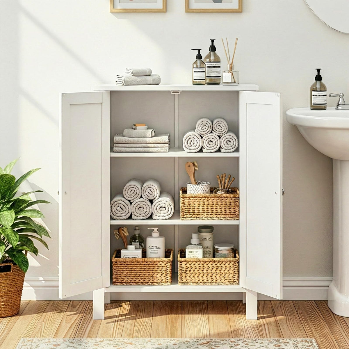 White Free Standing Bathroom Cabinet with Adjustable Shelf C33306