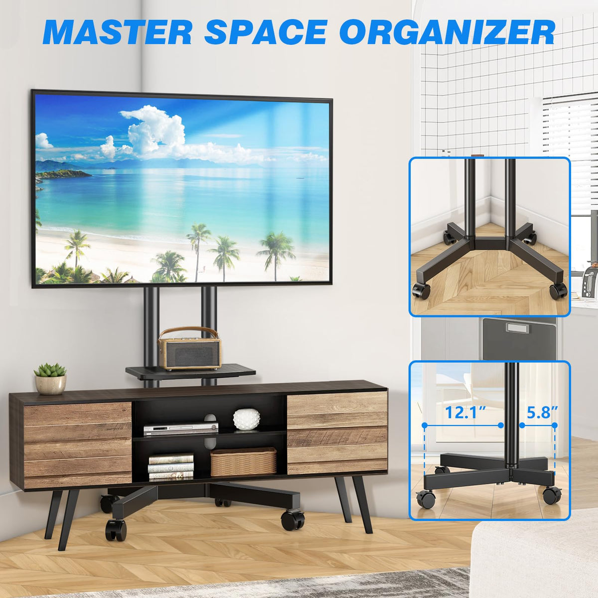 Rolling TV Stand with Laptop Shelf, Height Adjustable up to 88lbs G758