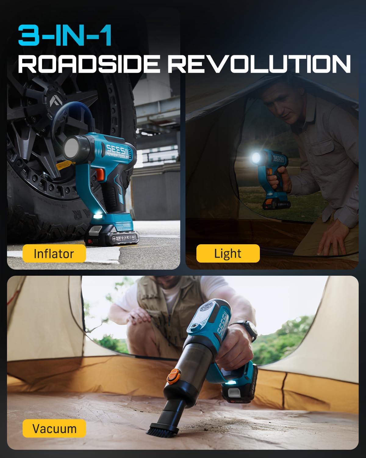 3-in-1 Cordless Tire Inflator Air Compressor Car Vacuum & LED Light P420872