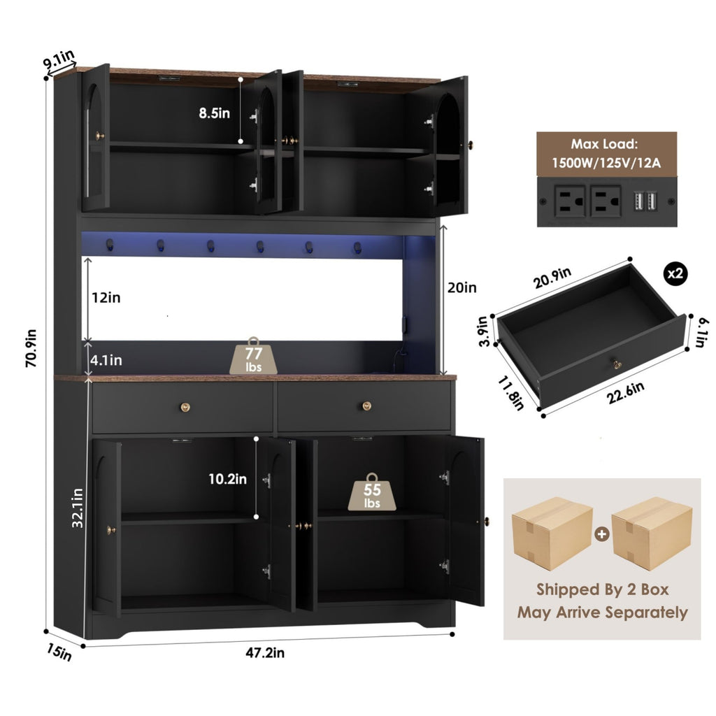 71" Black Kitchen Pantry Cabinet with Power Outlet W76242