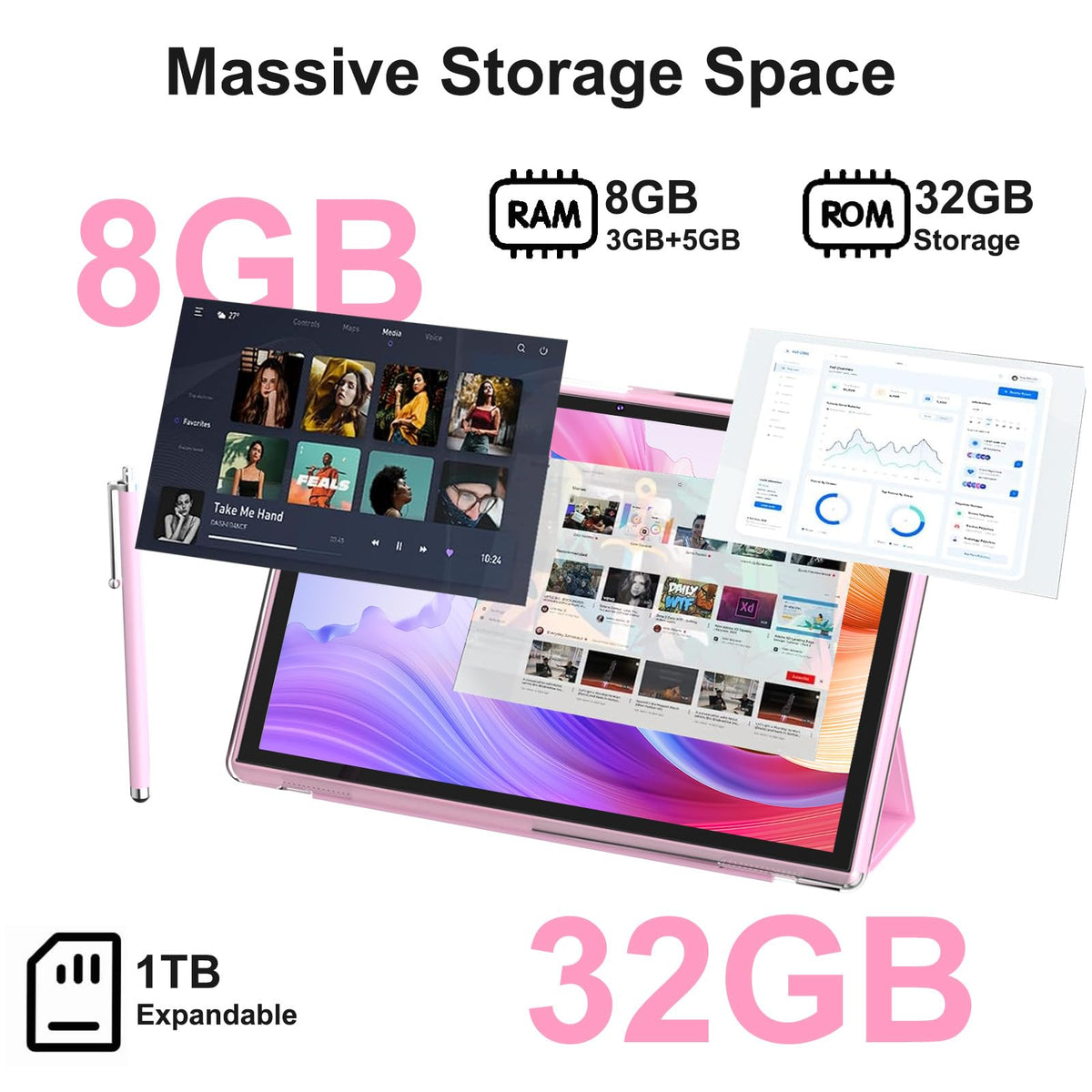 10 Inch Android Tablet with Case Stylus 8GB RAM 32GB ROM D56581