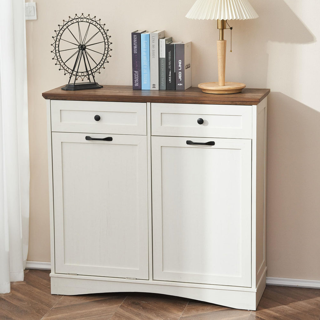 Antique White 2x13 Gallons Trash Can Cabinet I382845