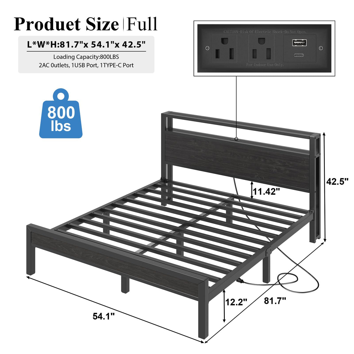 Full Size Bed Frame with Storage Headboard and LED Lights U314