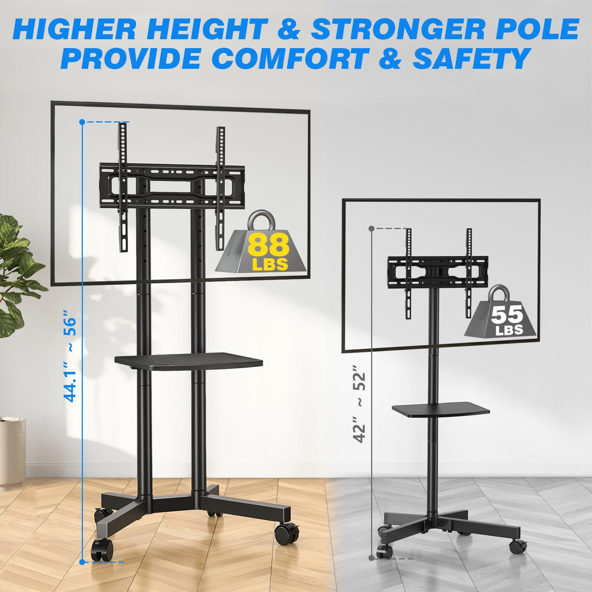 Rolling TV Stand with Laptop Shelf, Height Adjustable up to 88lbs G758