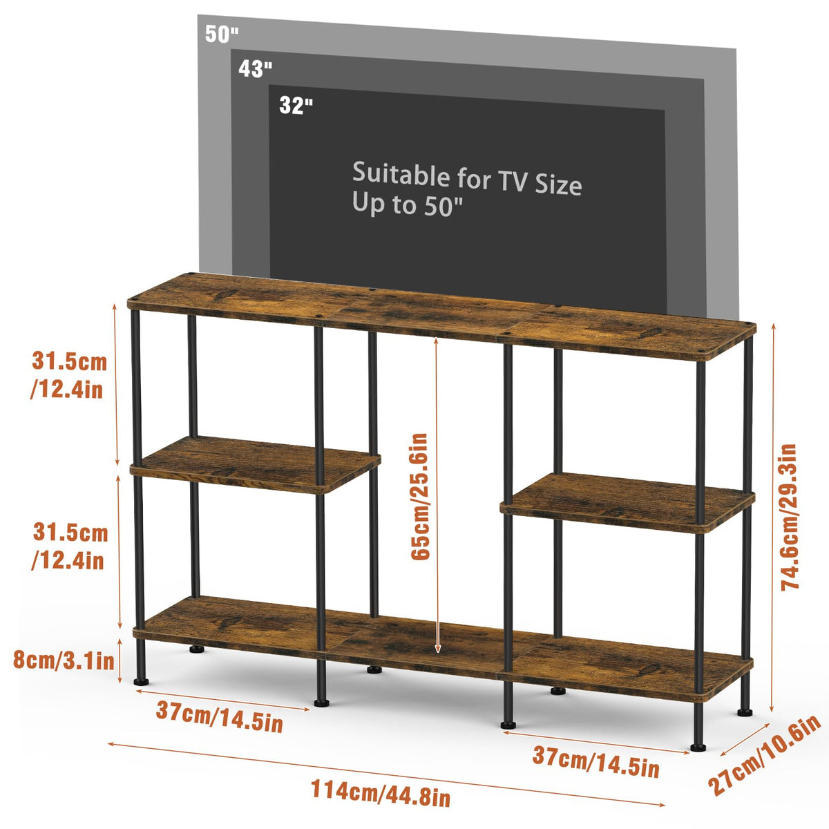 Brown 3 Tier Wood TV Stand with Storage Shelf T7992