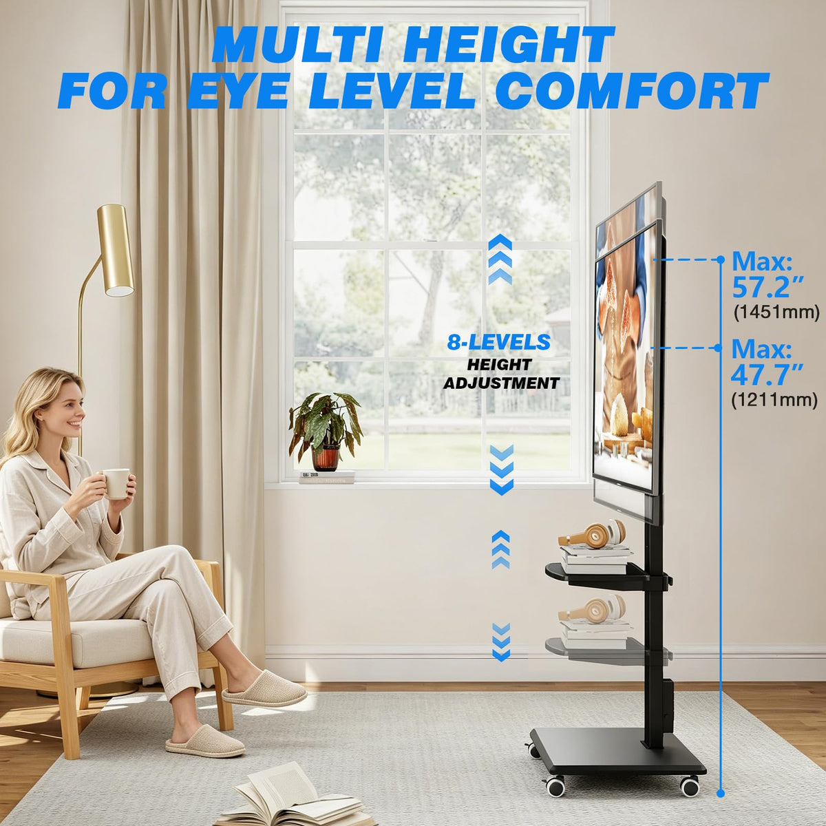 Black Mobile TV Stand 32-75 Inch with Power Outlet and Shelf O9764