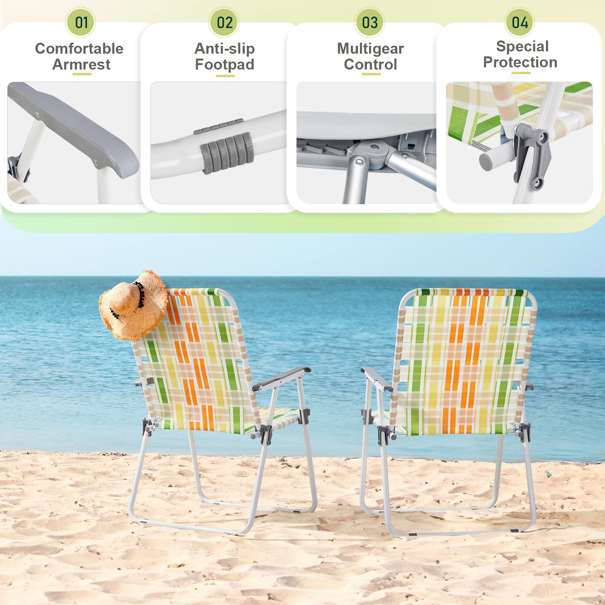 2 Pcs Lightweight Folding Beach Chairs with Armrests J333