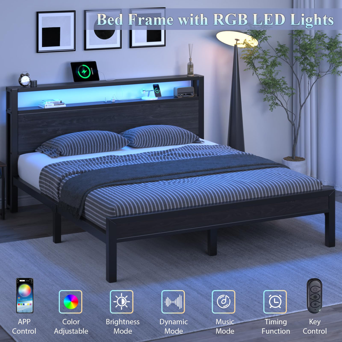 Full Size Bed Frame with Storage Headboard and LED Lights U314