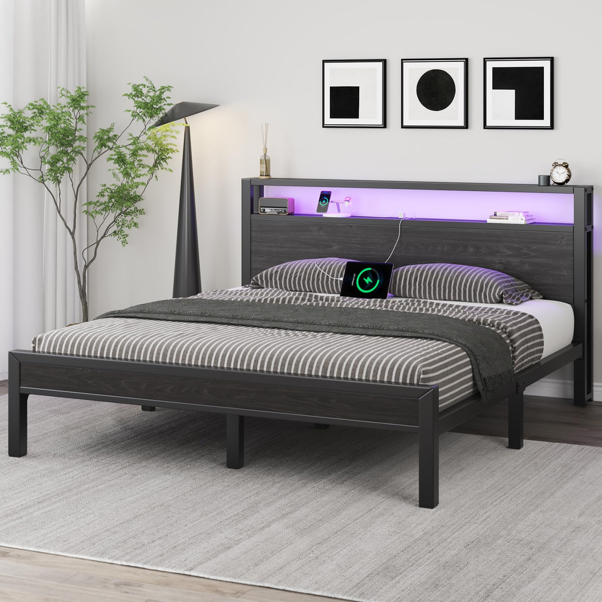 Full Size Bed Frame with Storage Headboard and LED Lights U314