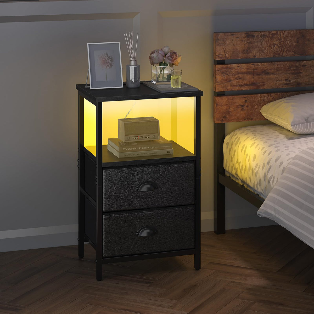 Black Nightstand with Charging Station and 2 Fabric Drawers R396214