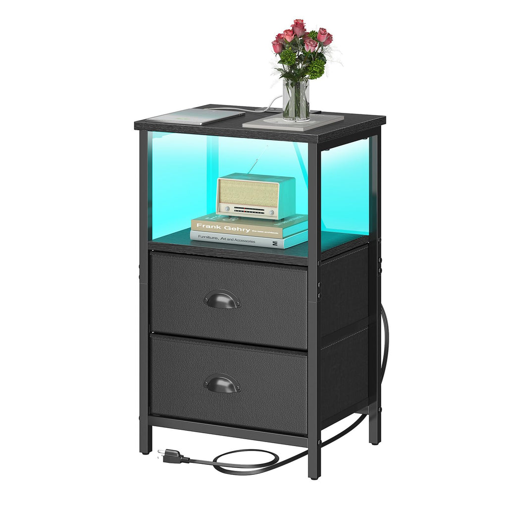 Black Nightstand with Charging Station and 2 Fabric Drawers R396214
