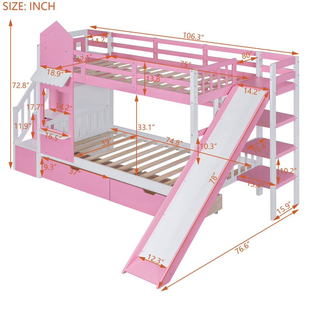 Twin Over Twin Bunk Bed with Slide, 2 Drawers & 3 Shelves S5544