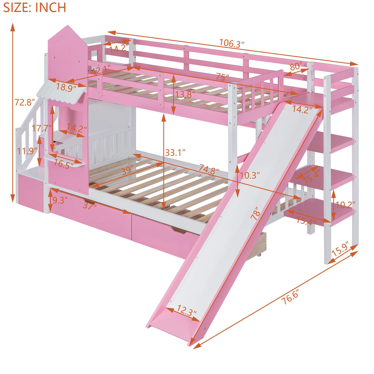 Twin Over Twin Bunk Bed with Slide, 2 Drawers & 3 Shelves S5544