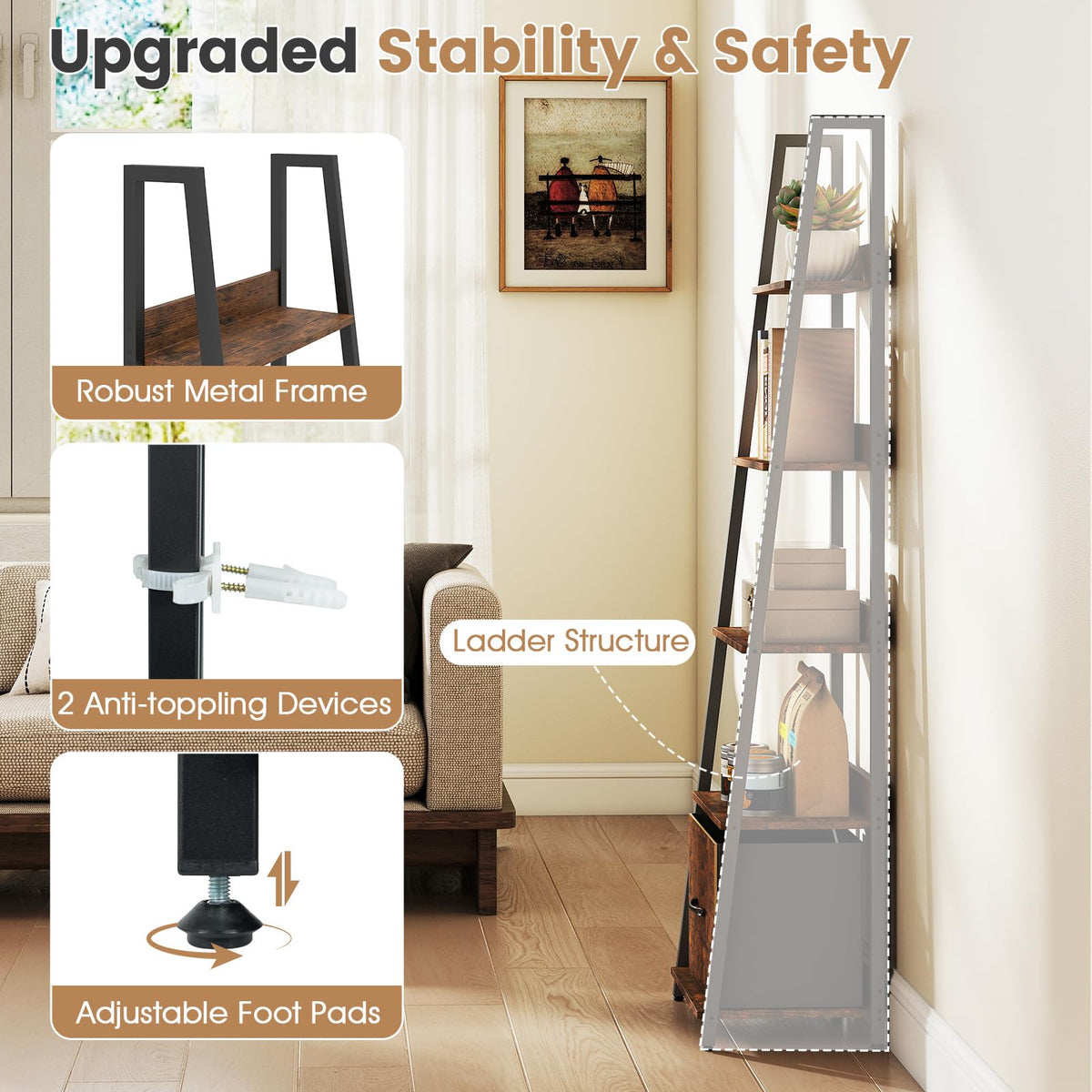 5-Tier Ladder Bookshelf Set of 2 Fabric Drawer M5525