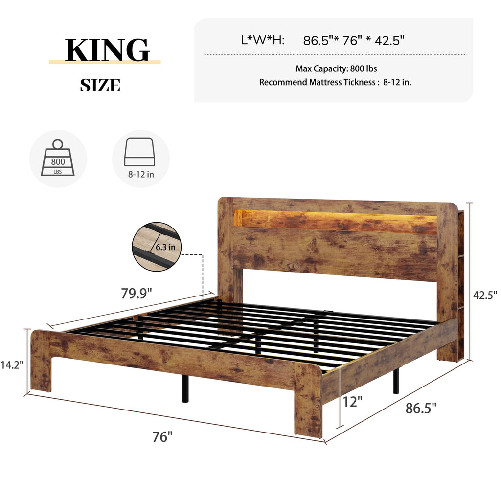 King Size Wooden Bed Frame with Storage Headboard and LED Lights L2752