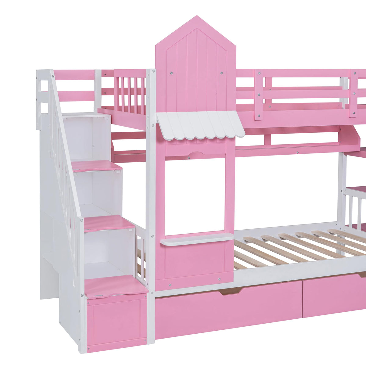 Twin Over Twin Bunk Bed with Slide, 2 Drawers & 3 Shelves S5544