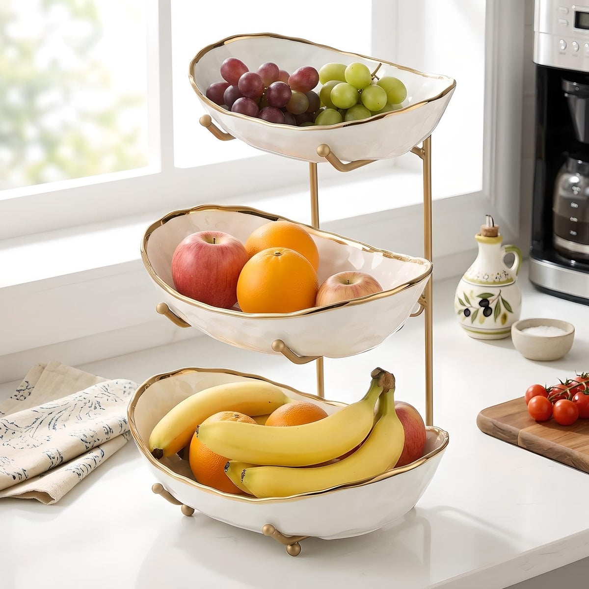 White 3 Tier Ceramic Fruit Bowl with Metal Holder A470580