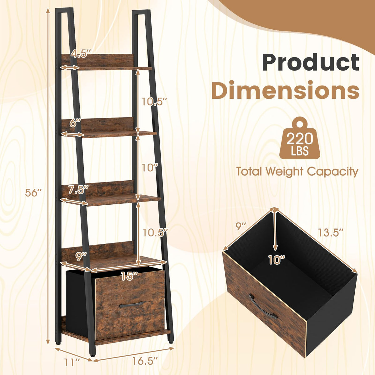 5-Tier Ladder Bookshelf Set of 2 Fabric Drawer M5525