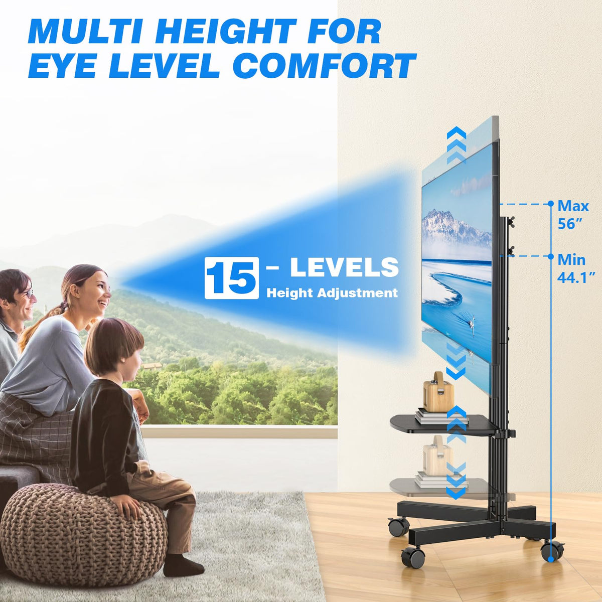 Rolling TV Stand with Laptop Shelf, Height Adjustable up to 88lbs G758