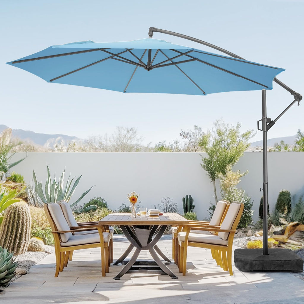 10ft Blue Offset Cantilever Patio Umbrella with Base N1526