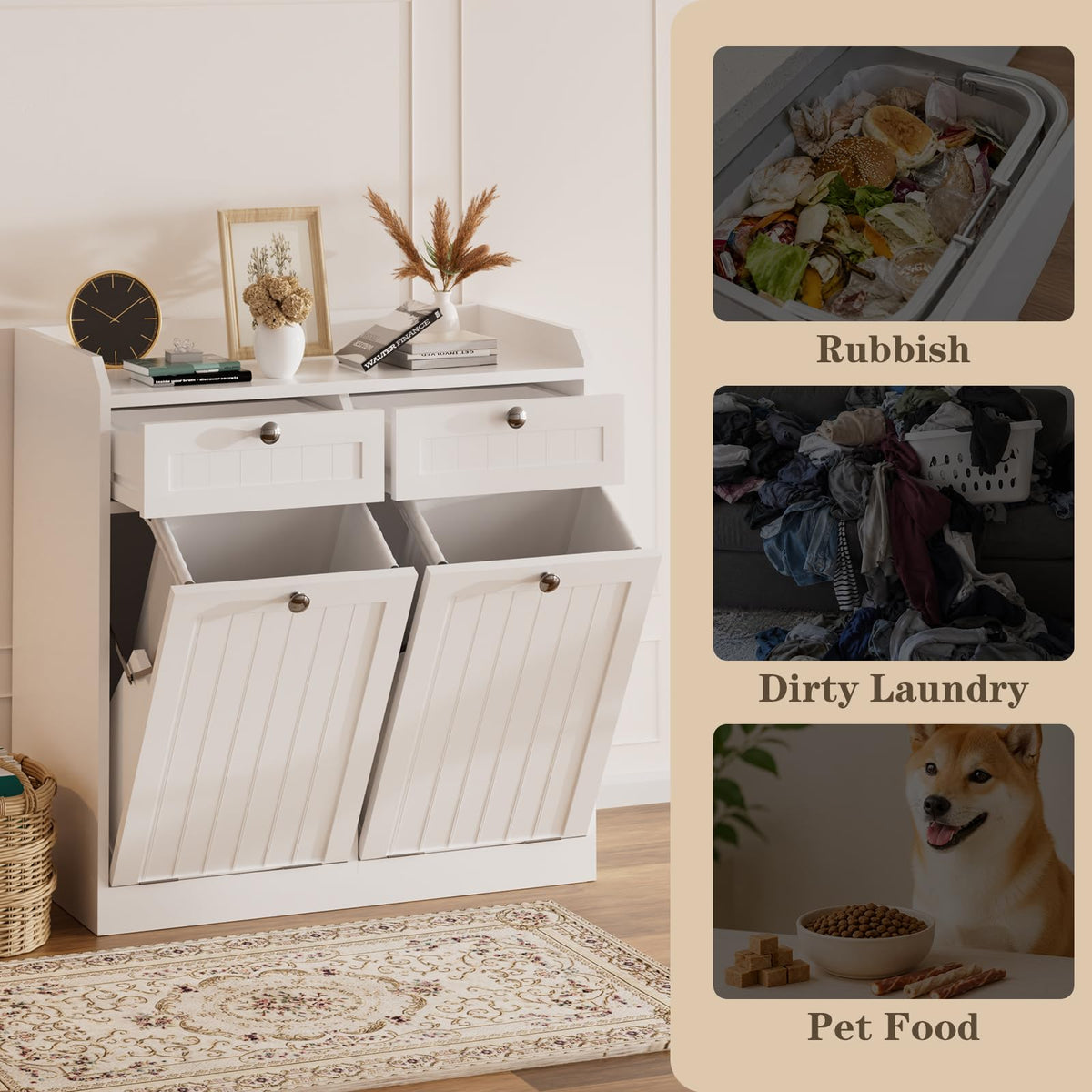 White 2 x 8 Gallon Double Tilt Out Trash Can Cabinet E7669