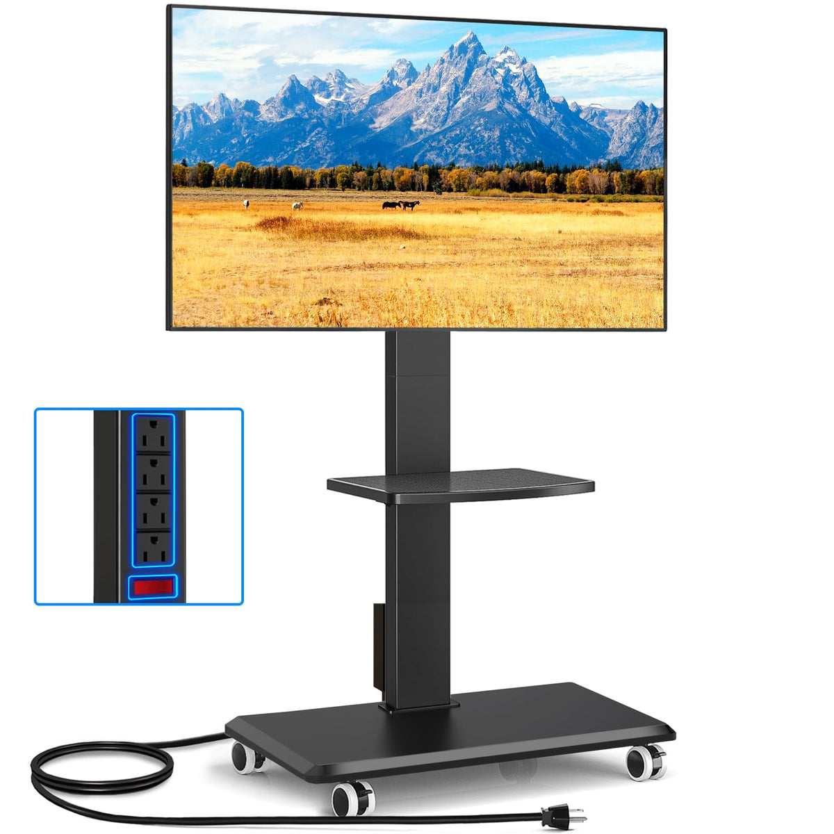 Black Mobile TV Stand 32-75 Inch with Power Outlet and Shelf O9764