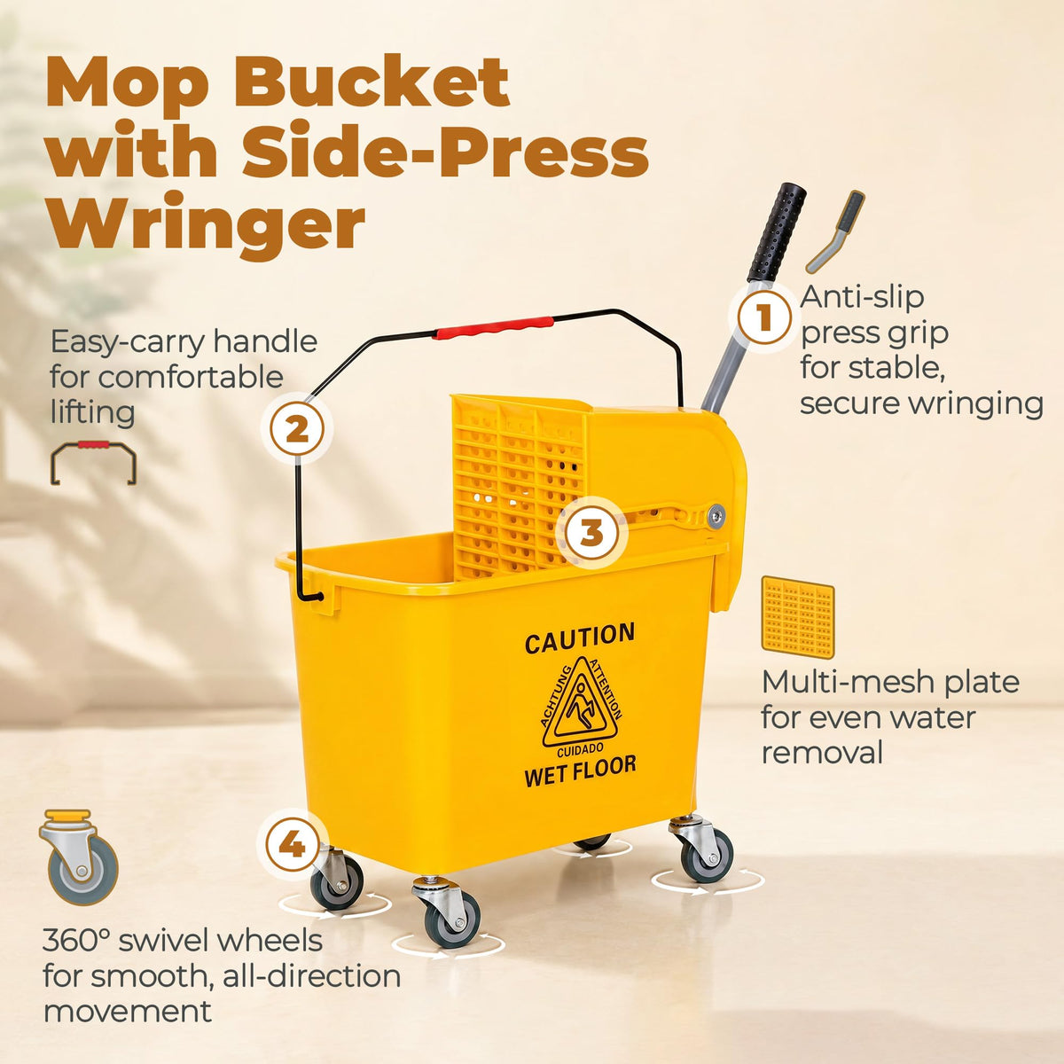 Yellow 21 Quart Mop Bucket with Wheels W690